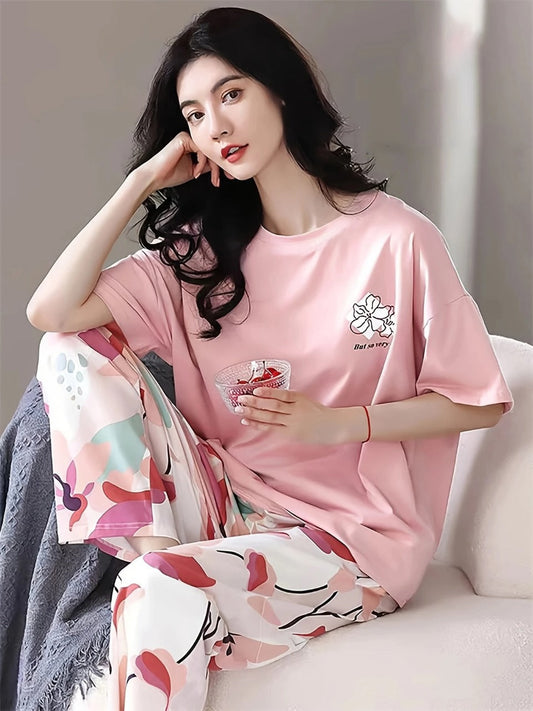 Baby Pink Flower Printed Half Sleeves Shirt and Printed Trouser Night Wear