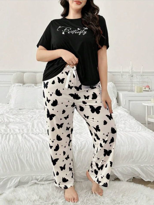Black Butterfly Printed Half Sleeves Shirt and Butterfly Printed Trouser Night Wear