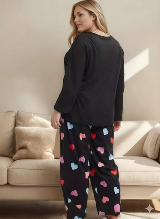 Black Four Multi Hearts Full Sleeves Shirt and Printed Trouser Night Wear