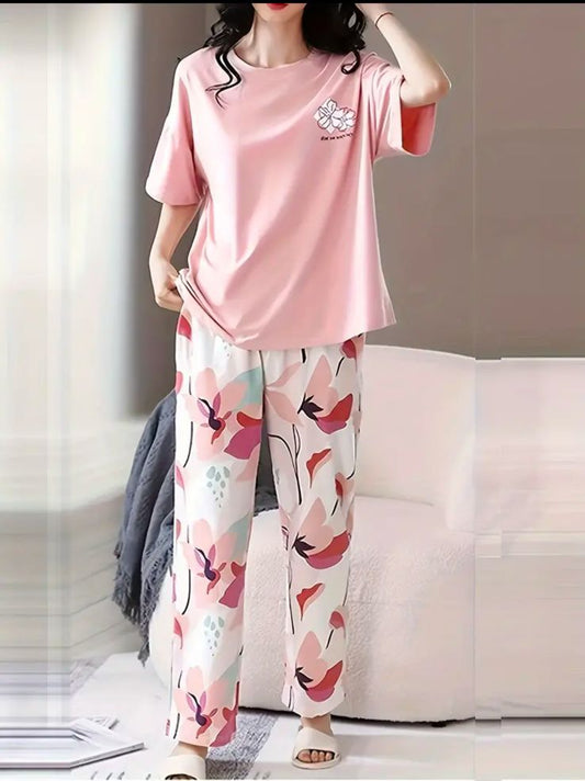 Baby Pink Flower Printed Half Sleeves Shirt and Printed Trouser Night Wear