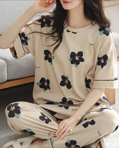 Skin Flower Printed Half Sleeves Shirt and Printed Trouser Night Wear
