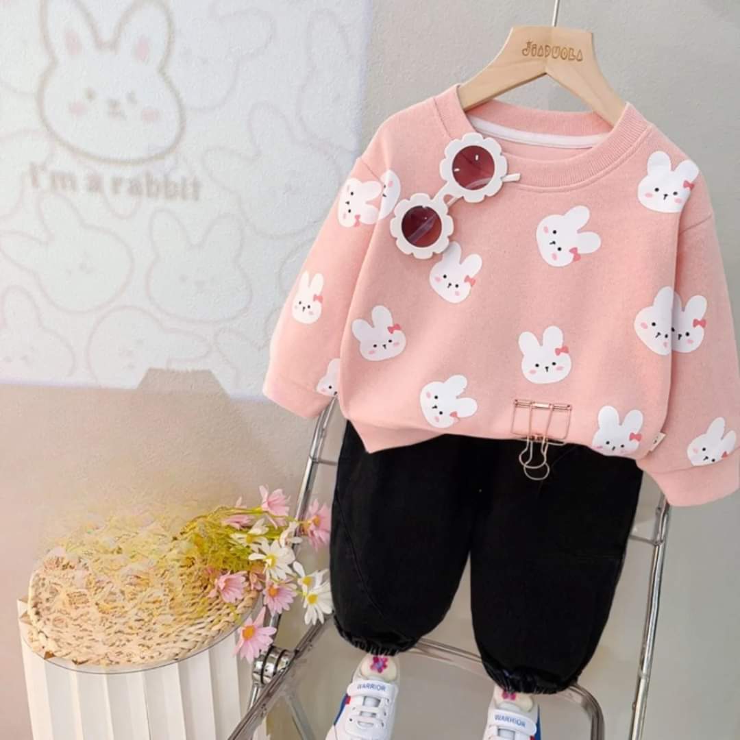 Pink White Kitty Printed Sweatshirt and Black Trouser Kids Track Suit