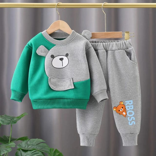 Green Grey Bear Printed Sweatshirt and Grey Trouser Kids Track Suit