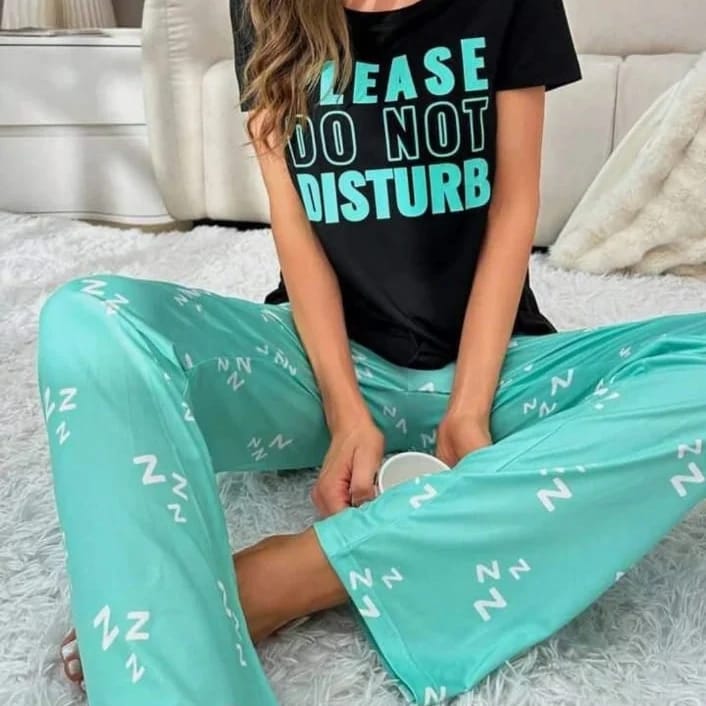 Black Please Do Not Disturb Printed Shirt And Green Printed Trouser Night Wear