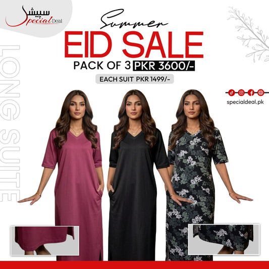 Pack of 3 Long Suits – Summer Eid Collection | Jersey Fabric Deal 1