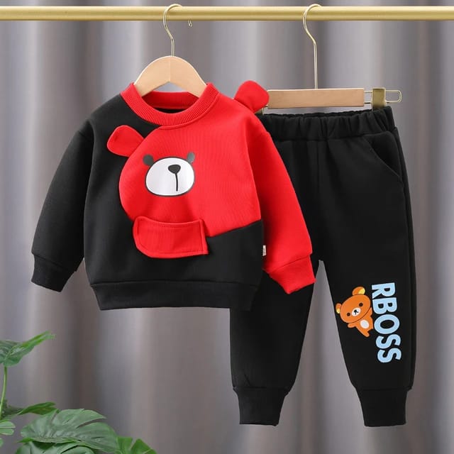 Red and Black Bear Printed Sweatshirt and Black Trouser Kids Track Suit