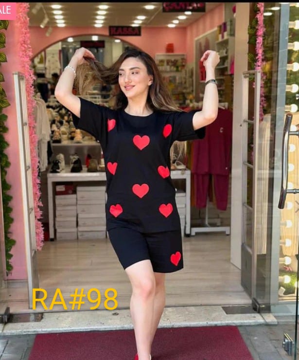 Black Red Hearts Printed Shirts and Red Heart Printed Short Night Wear
