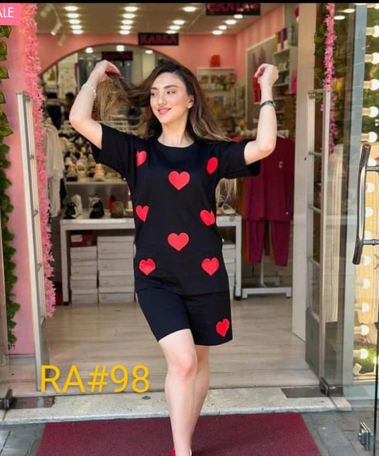 Black Red Hearts Printed Shirts and Red Heart Printed Short Night Wear