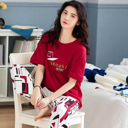 Red Pkengk Printed Half Sleeves Shirt and White Printed Trouser Night Wear