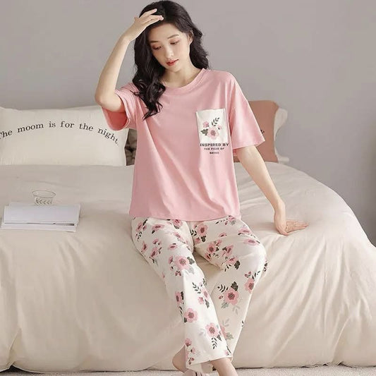 Pink Flower Printed Pocket Half Sleeves Shirt and White Flower Printed Trouser Night Wear
