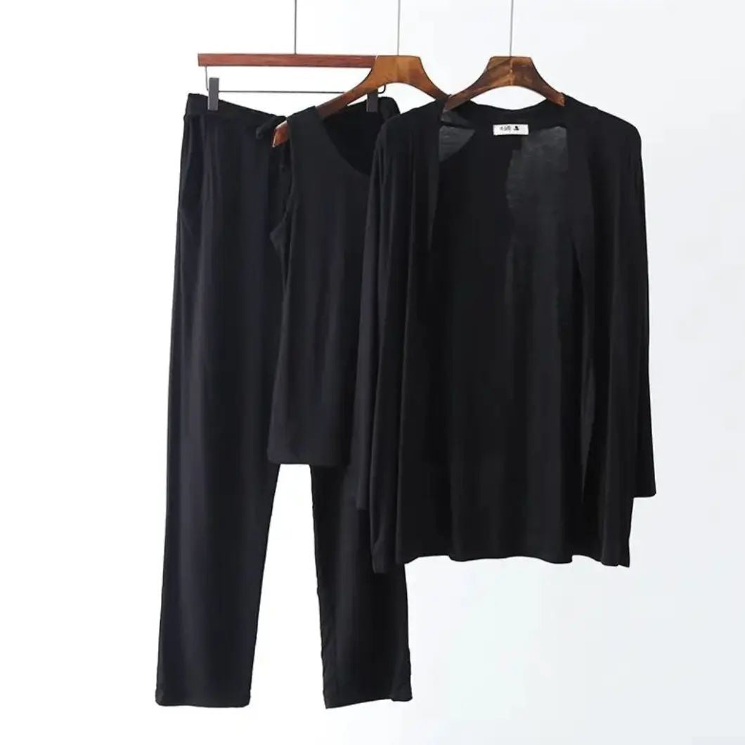 Plain Black 3 Pieces Set Night Wear