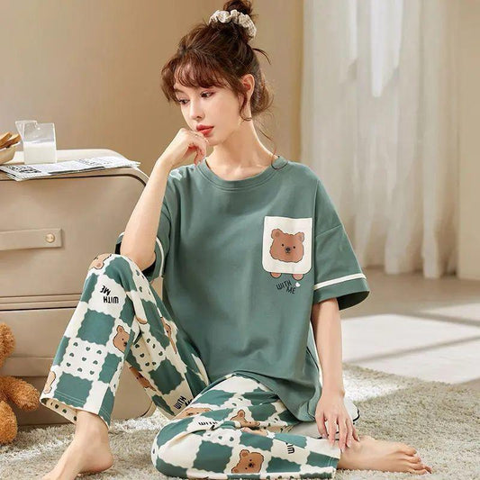 Green Pocket Bear Printed Half Sleeves Shirt and Printed Trouser Night Wear