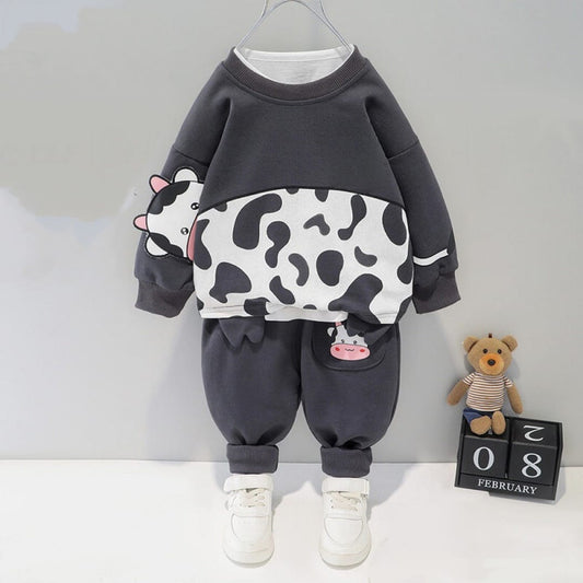 Grey Cow Printed Sweatshirt and Grey Trouser Kids Track Suit