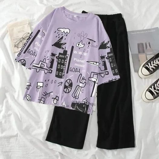 Purple Planet Music Half Sleeves Shirt and Black Plain Trouser Night Wear