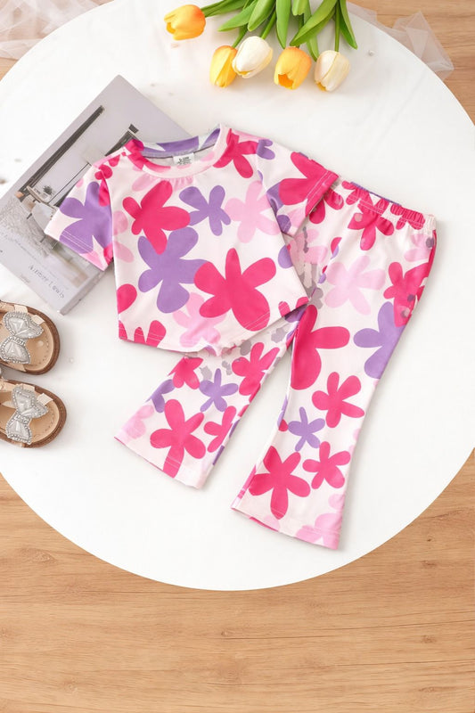 Off White Multi Flowers Printed Half Sleeves Kids Suit