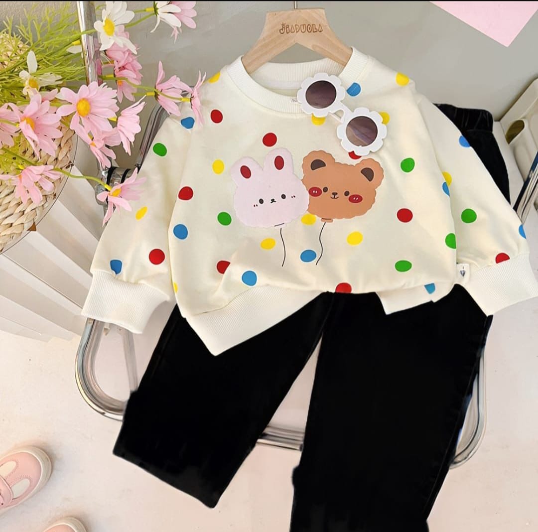 White Multi Dot Bears Sweatshirt and Black Trouser Kids Track Suit