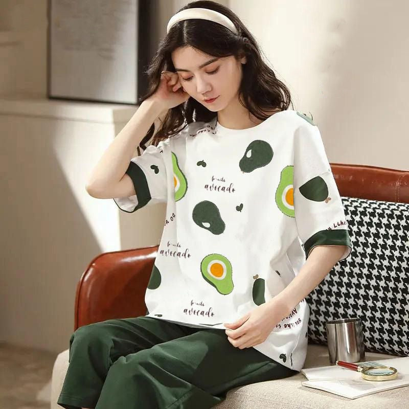 White Hawa Cado Printed Shirt Half Sleeves and Green Printed Trouser Night Wear