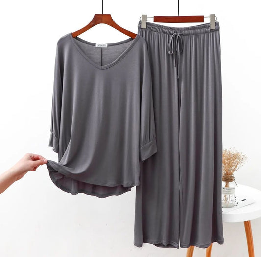 Plain Grey V Neck Full Sleeves Night Wear
