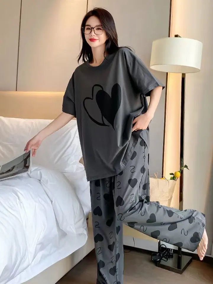 Grey Double Heart Printed Half Sleeves Shirt And Heart Printed Trouser Night Wear