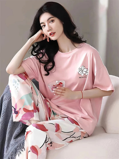 Baby Pink Flower Printed Half Sleeves Shirt and Printed Trouser Night Wear