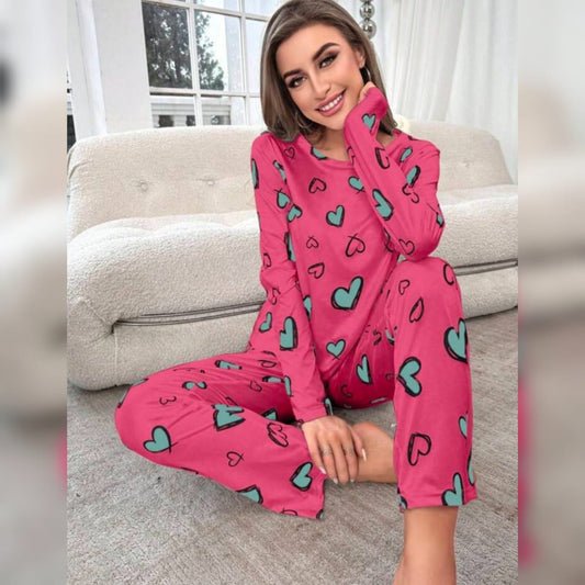 Hot Pink Green Heart Printed Shirt Full Sleeves And Green Heart Printed Trouser Night Wear