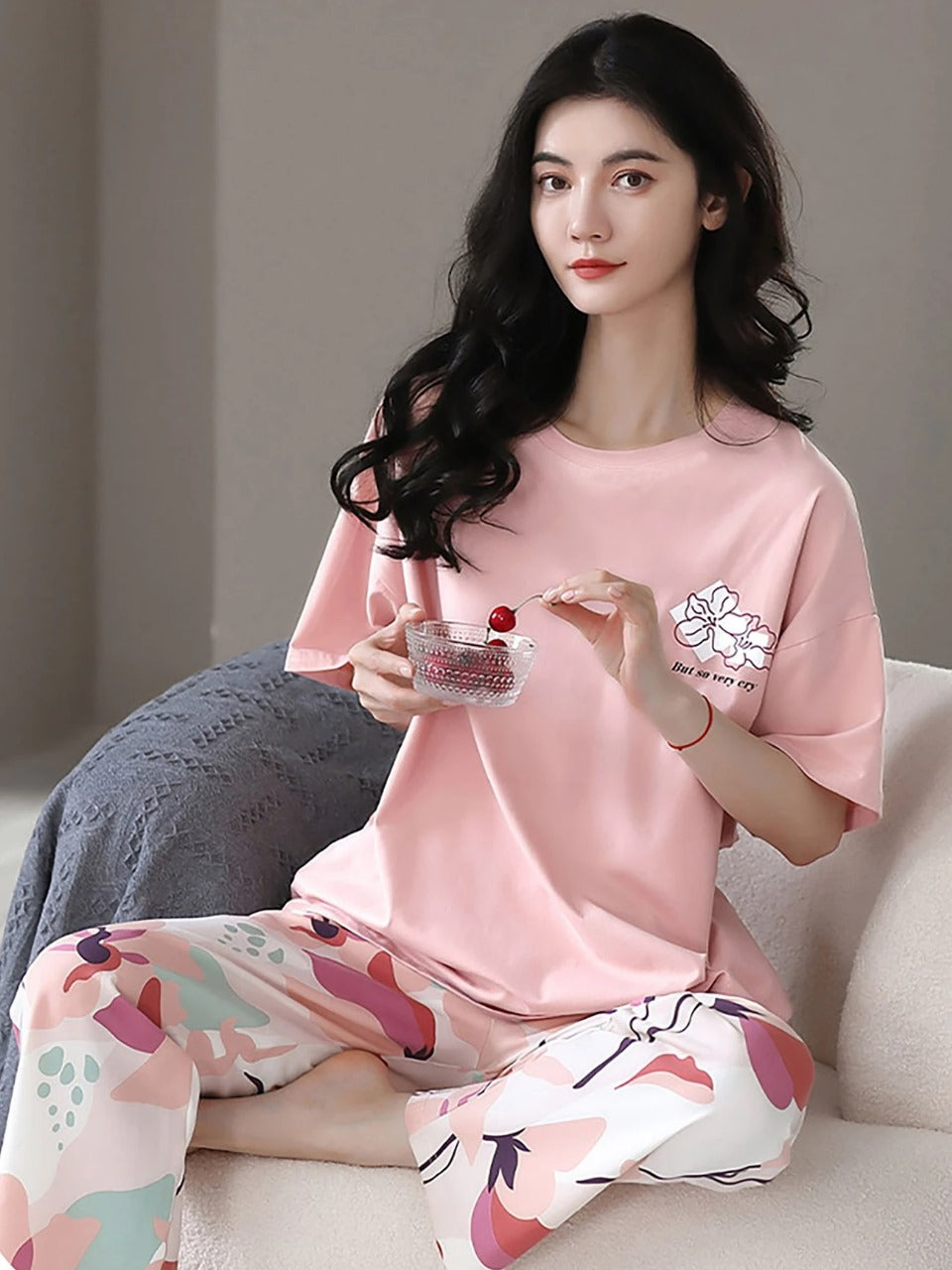 Baby Pink Flower Printed Half Sleeves Shirt and Printed Trouser Night Wear