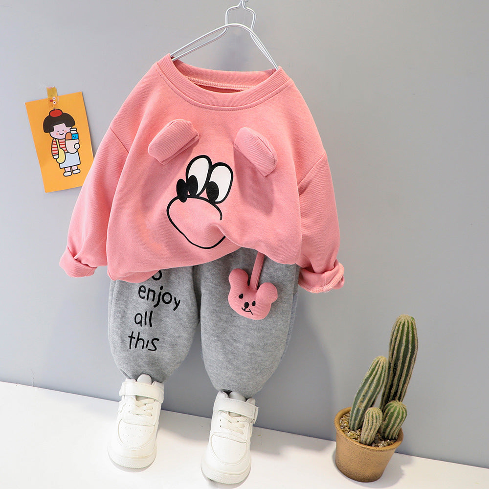 Pink Sweety Printed Sweatshirt and Grey Trouser Kids Track Suit