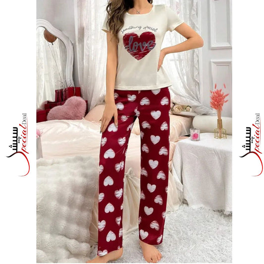 White Love Heart Half Sleeves Shirt And Printed Trouser Night Wear
