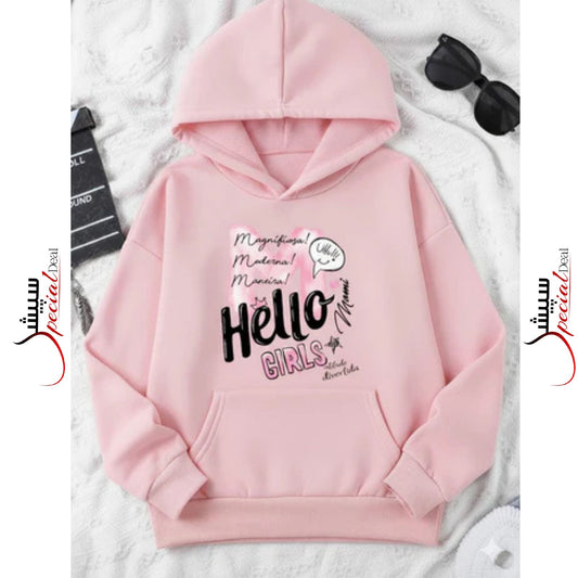 Pink Hello Girls Printed Hoodie