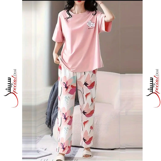 Baby Pink Flower Printed Half Sleeves Shirt and Printed Trouser Night Wear