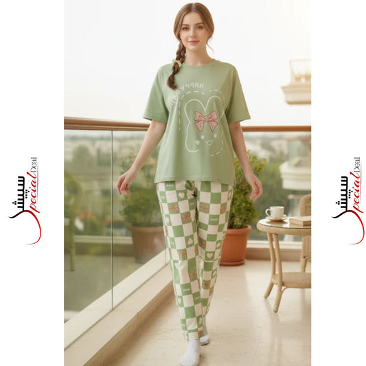 Green Happy Day Half Sleeves Printed Shirt and Printed Trouser Night Wear
