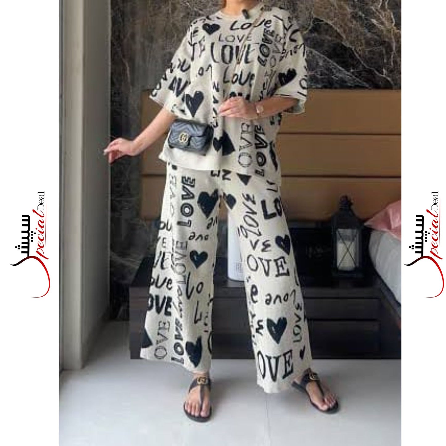 White Love Prineted Half Sleeves Shirt and Printed Trouser Night Wear