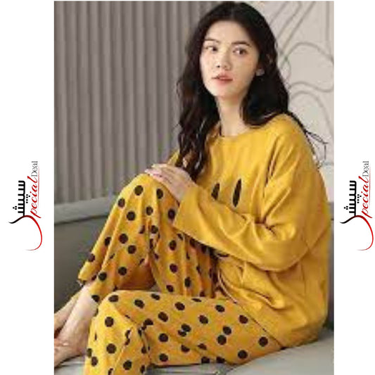 Yellow Smiley Full Sleeves Shirt and Black Doted Trouser Night Wear