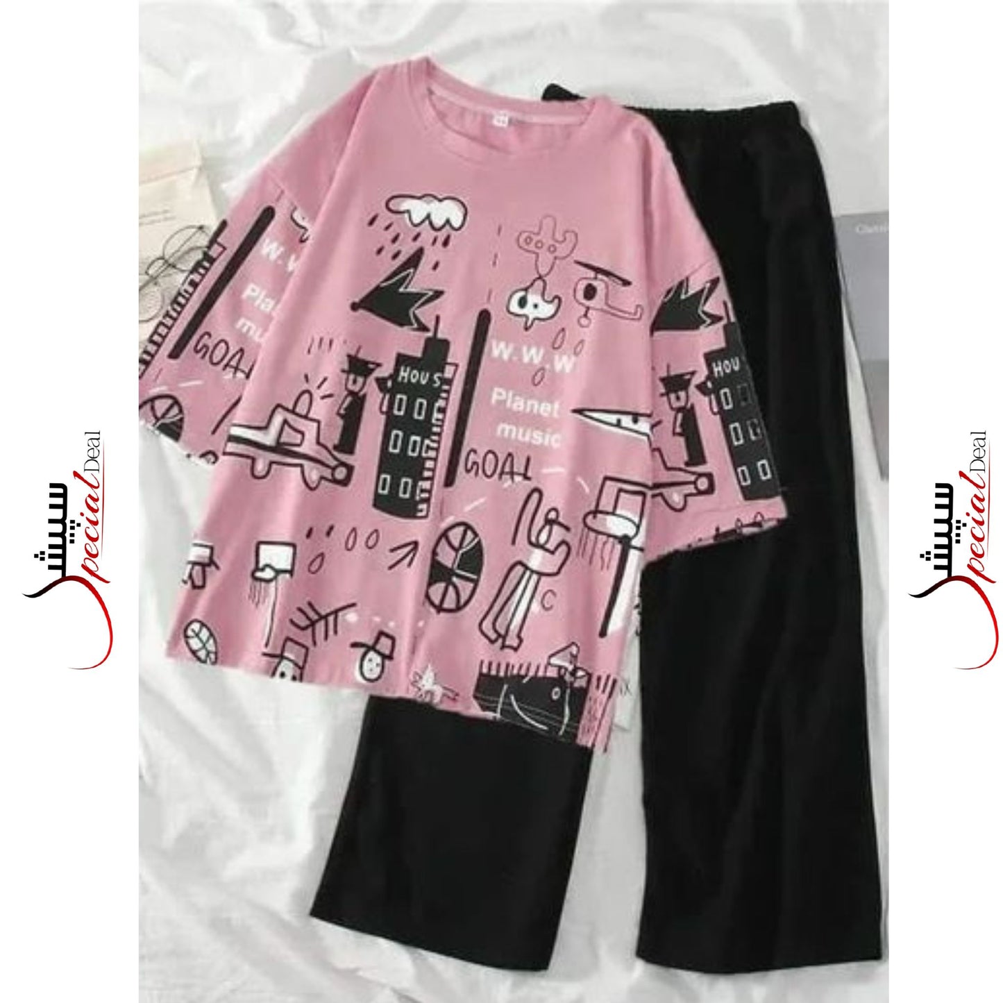 Pink Planet Music Half Sleeves Shirt and Black Plain Trouser Night Wear