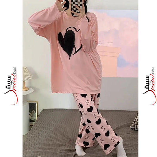 Pink Double Heart Full Sleeves Night Wear
