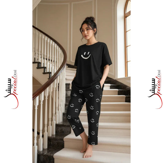 Black Smiley Full Sleeves Night Wear