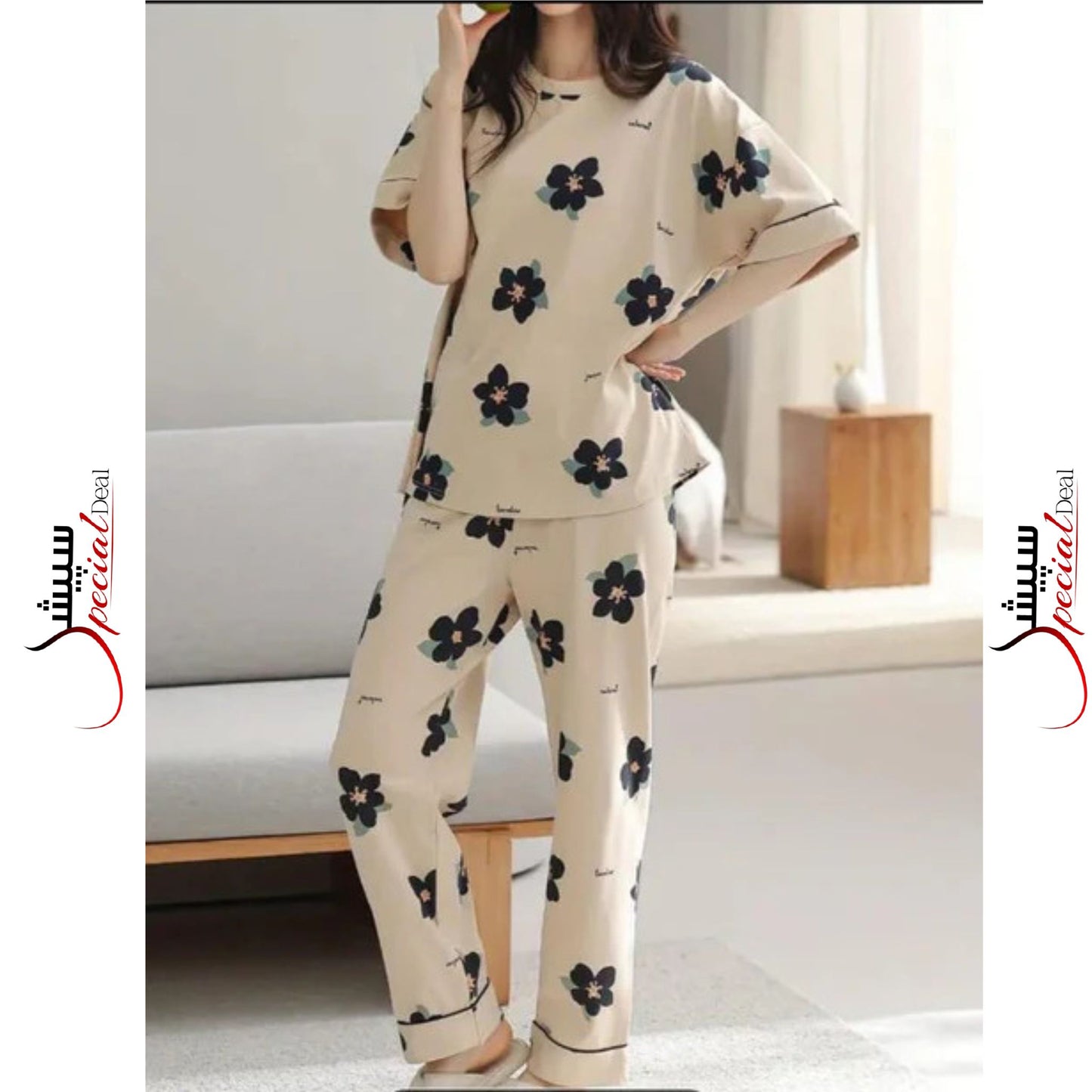 Skin Flower Printed Half Sleeves Shirt and Printed Trouser Night Wear