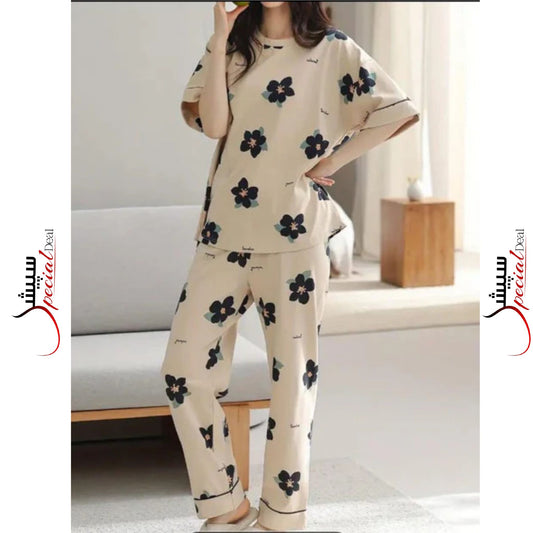 Skin Flower Printed Half Sleeves Shirt and Printed Trouser Night Wear