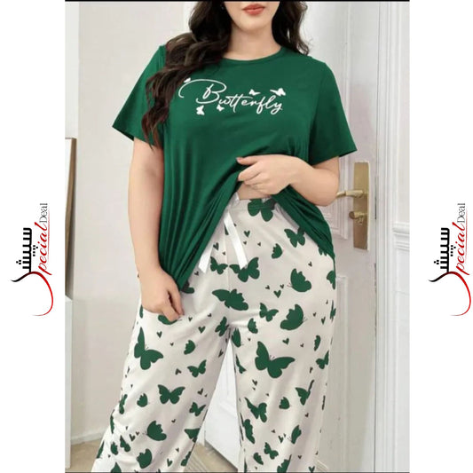 Green Butterfly Printed Half Sleeves Shirt and Butterfly Printed Trouser Night Wear