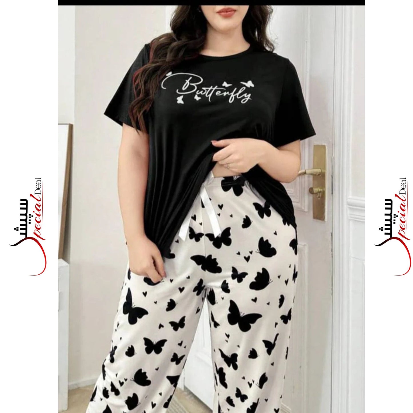 Black Butterfly Printed Half Sleeves Shirt and Butterfly Printed Trouser Night Wear