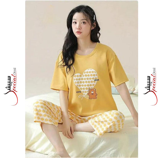 Yellow White Heart Printed Half Sleeves Shirt and Printed Trouser Night Wear