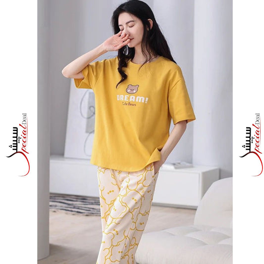 Yellow Dream Cute Bear Printed Half Sleeves Shirt and Printed Trouser Night Wear