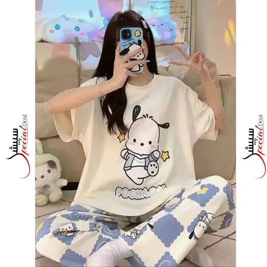 White Pochacco Printed Half Sleeves Shirt and Printed Trouser Night Wear