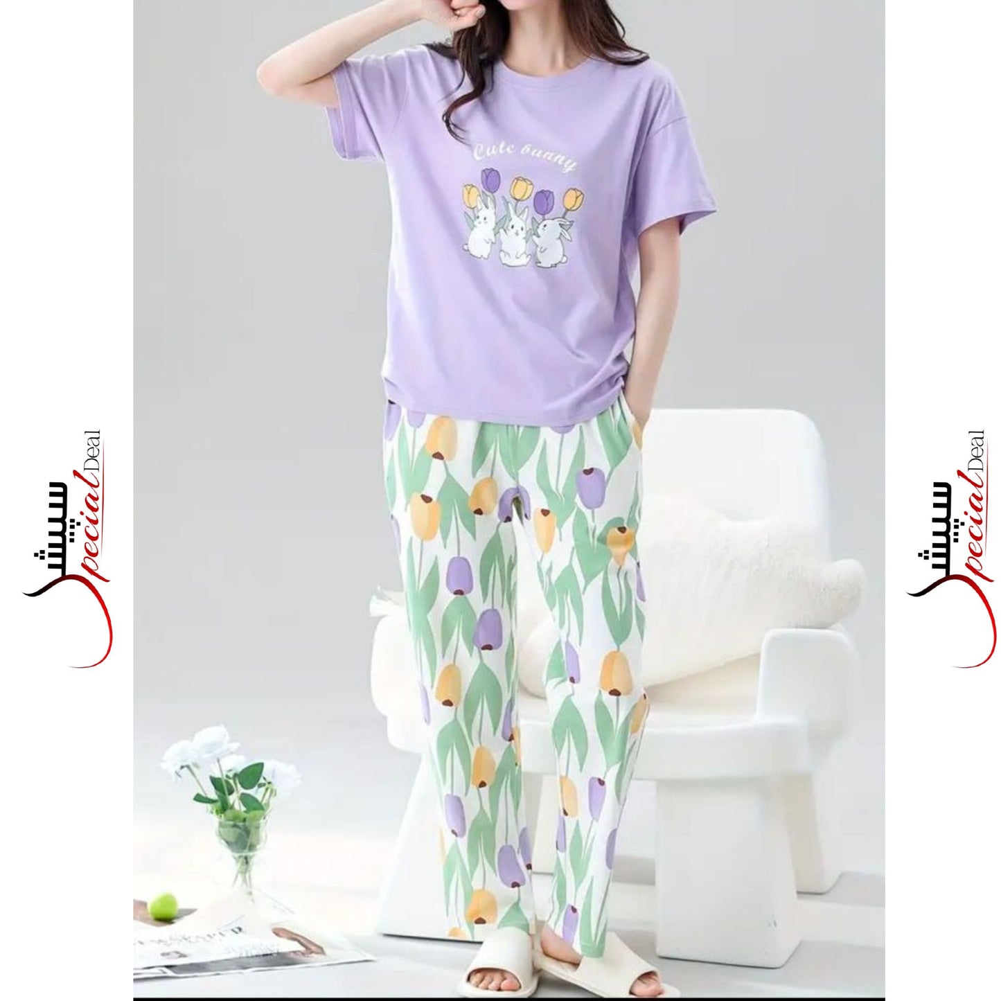 Purple Cuty Bunny Printed Half Sleeves Shirt and Printed Trouser Night Wear