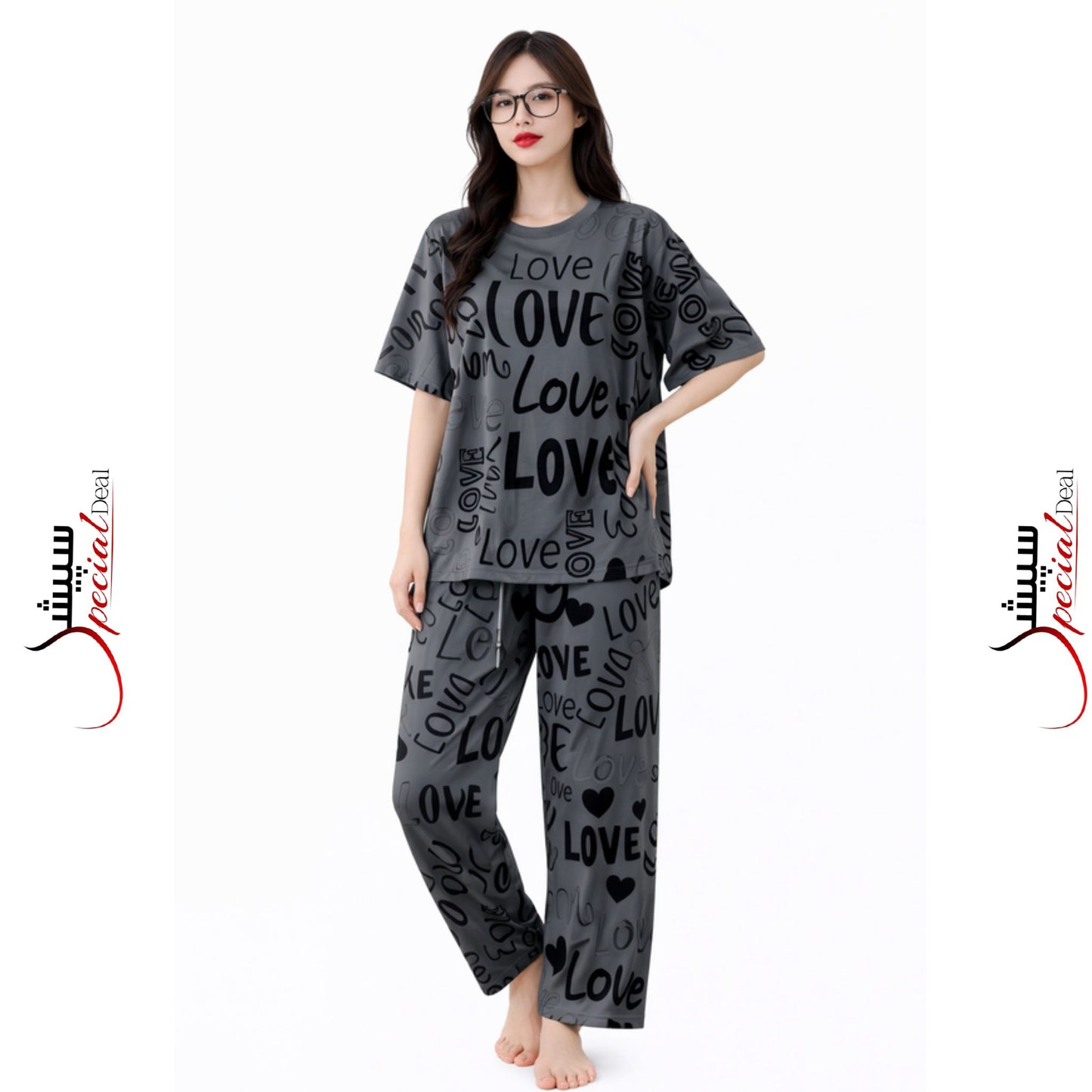 Grey Love Prineted Half Sleeves Shirt and Printed Trouser Night Wear