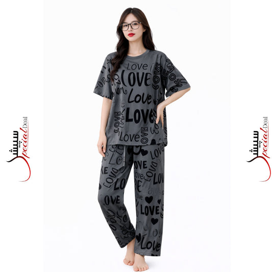 Grey Love Prineted Half Sleeves Shirt and Printed Trouser Night Wear