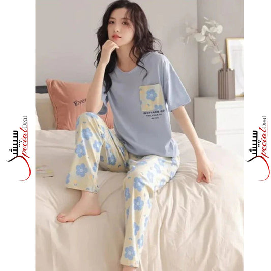 Blue Flower Pocket Printed Half Sleeves Shirt and Printed Trouser Night Wear