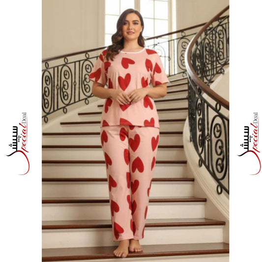 Pink With Red Hearts Printed Half Sleeves Shirt And Heart Printed Trouser Night Wear