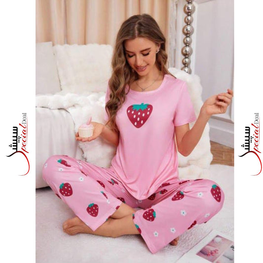 Pink Strawberry Printed Half Sleeves Night Wear