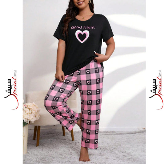 Black Good Night Heart Printed Half Sleeves Shirt And Printed Trouser Night Wear